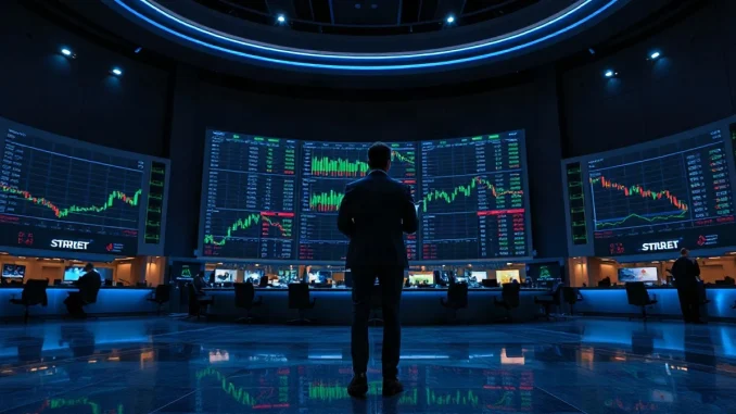 Analyst watching stock charts on a dark trading floor display wall at night