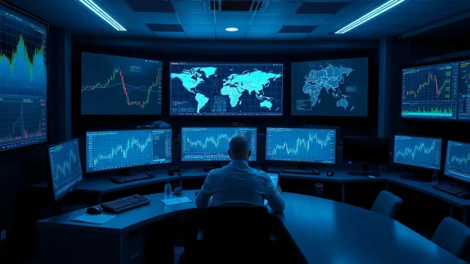 Analyst at night in an electronic trading room watching market charts on monitors