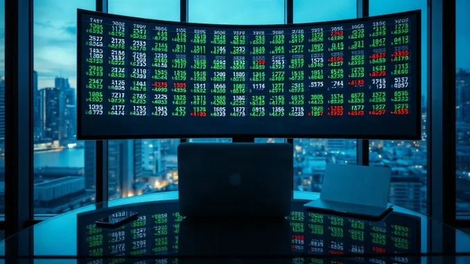 A dark trading desk with a monitor showing stock ticker rows, lit by screen glow at dusk