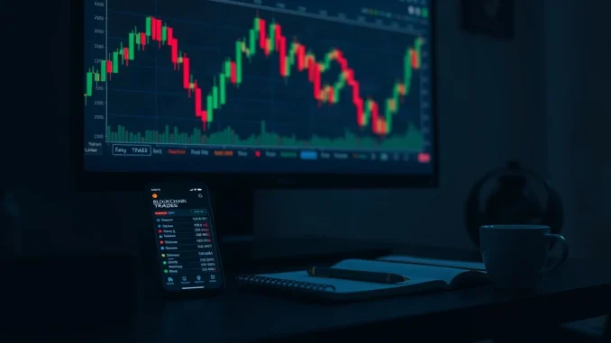 Trading desk with price charts and a tokenized stock ticker grid at night