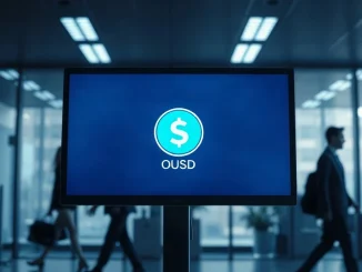 Computer monitor displaying the OUSD stablecoin symbol in a modern fintech office