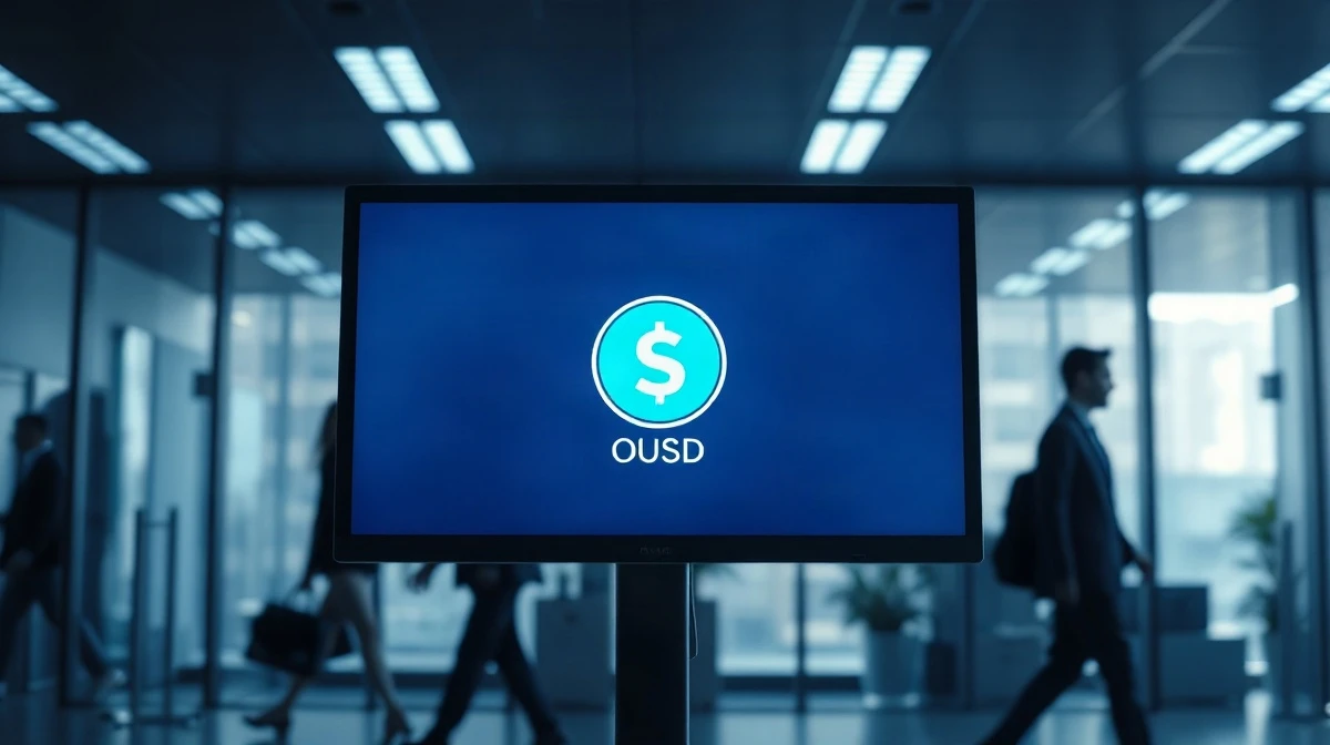 Computer monitor displaying the OUSD stablecoin symbol in a modern fintech office