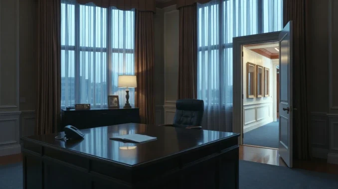 Empty executive office desk and chair in a government building at dusk