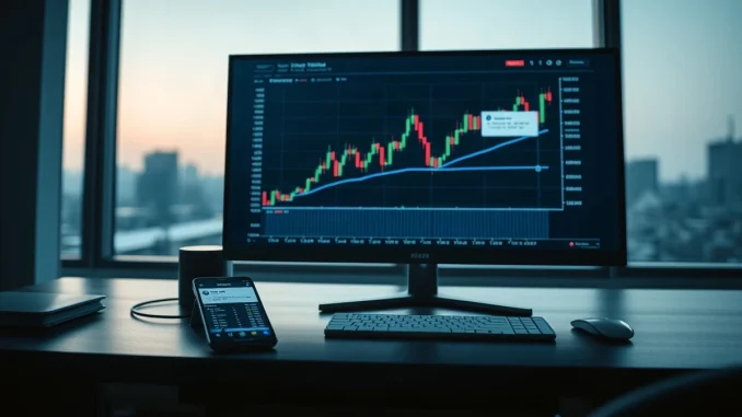 Trading monitor showing a chart near a support line with a phone displaying a social post