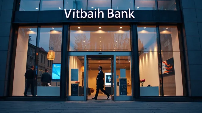 Modern European bank branch exterior at dusk representing Payward's acquisition of Saldo Bank
