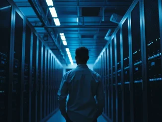 Engineer standing in a modern data storage facility with rows of server racks