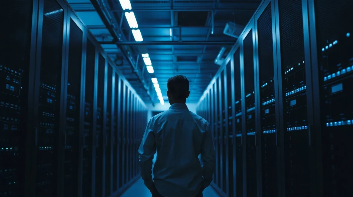 Engineer standing in a modern data storage facility with rows of server racks