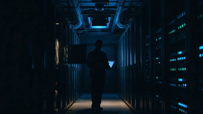 Technician in a server room checking a rack during an emergency software patch