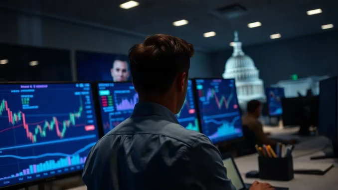 Compliance analyst monitoring prediction market trading activity on screens in a darkened operations room