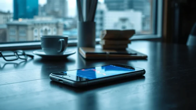 Smartphone showing a red declining crypto price chart on a dark desk lit by cool window light