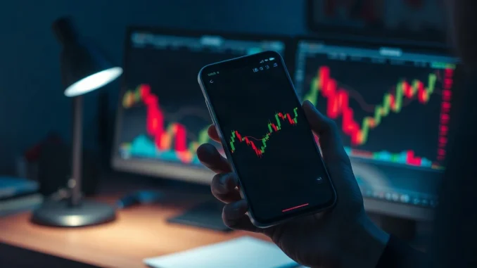 Hand holding a smartphone showing a green and red trading chart in a dim room