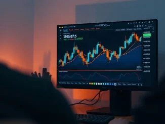 Trading dashboard on a monitor showing a token chart in a dark home office