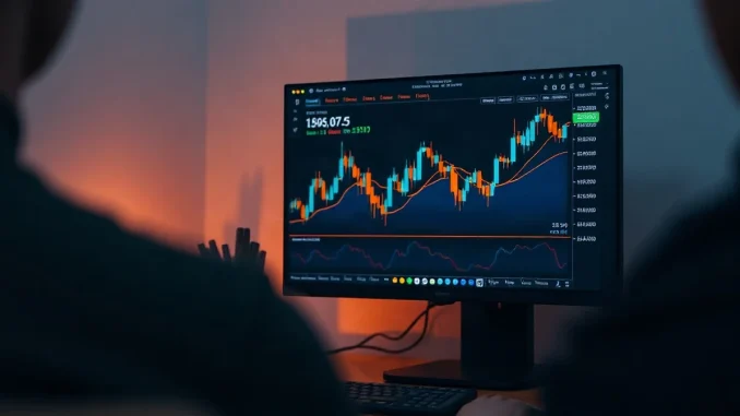 Trading dashboard on a monitor showing a token chart in a dark home office