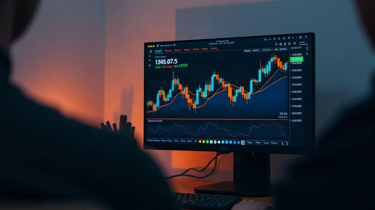 Trading dashboard on a monitor showing a token chart in a dark home office