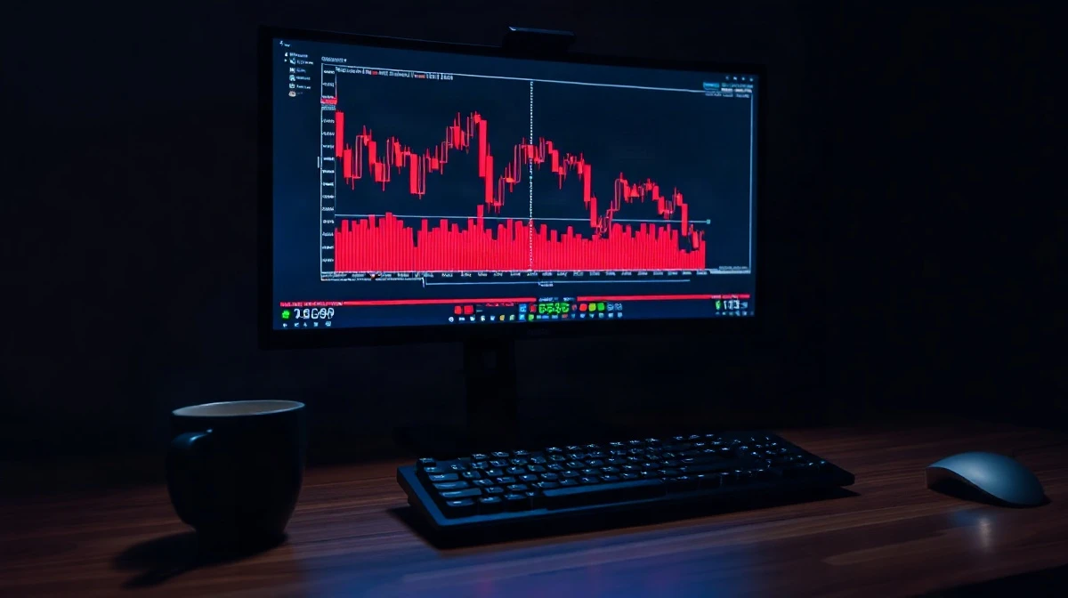 Dark trading desk at night with a red candlestick chart on a monitor and a keyboard in the foreground