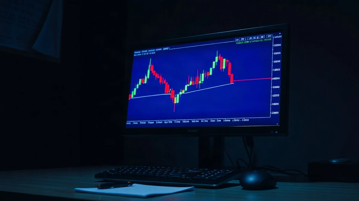 Trading monitor showing a crypto price chart at a resistance level in a dimly lit room