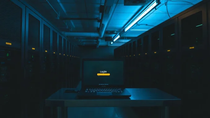 Server racks in a dark data center with a laptop in the foreground