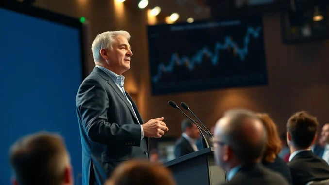 Executive in a suit speaking at a financial conference podium under warm stage lighting