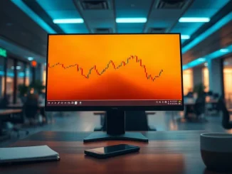 Trading desk monitor showing an abstract bitcoin price chart in a dim office