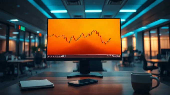 Trading desk monitor showing an abstract bitcoin price chart in a dim office