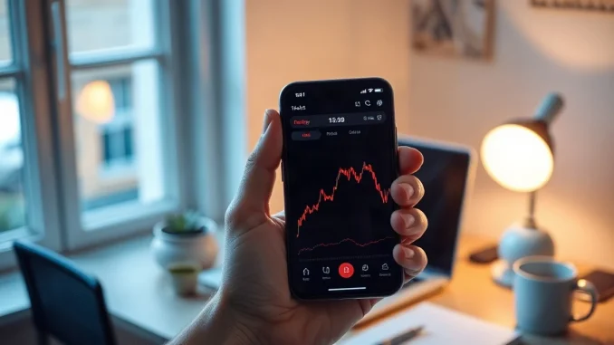 Smartphone showing a falling stock chart in a dimly lit home office