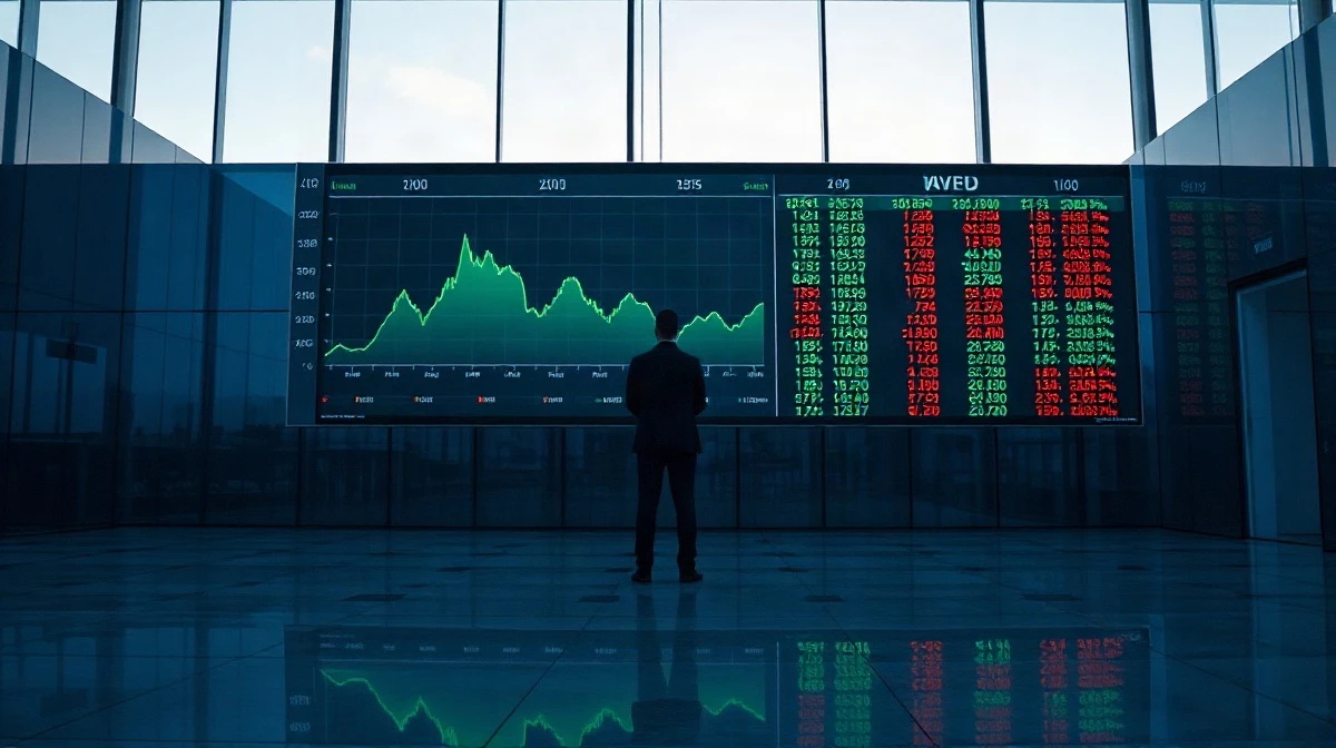 Analyst watching stock tickers on a large trading-floor display at dusk