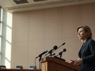 Central bank governor speaking to reporters at a press briefing about the digital ruble