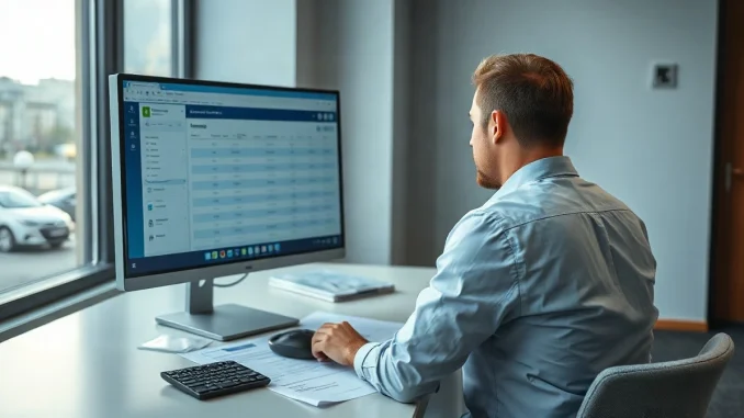 Government office worker reviewing a payroll screen beside a payslip and a bank card