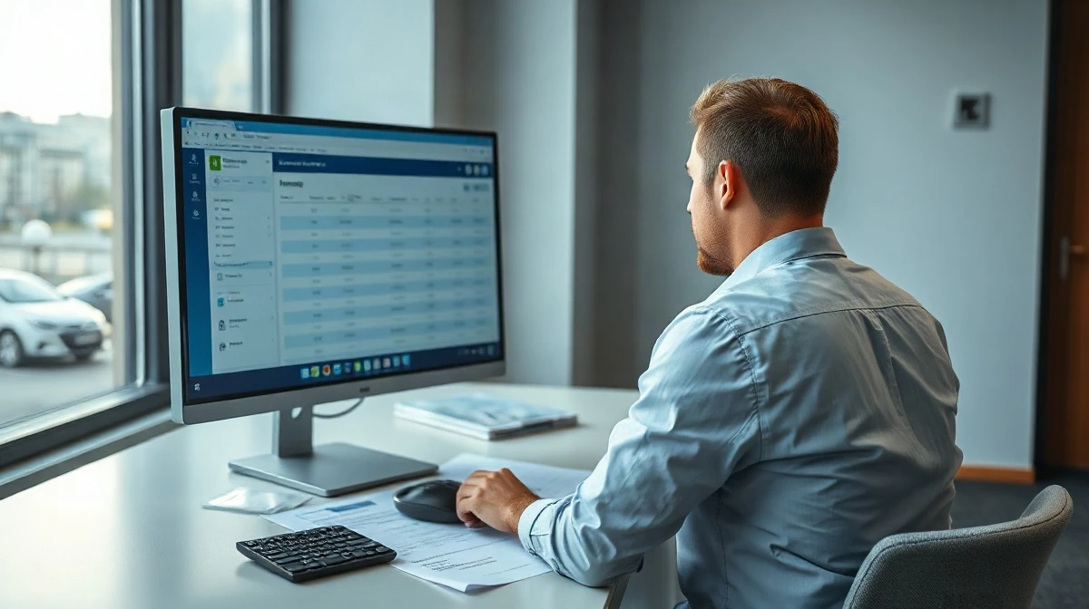 Government office worker reviewing a payroll screen beside a payslip and a bank card