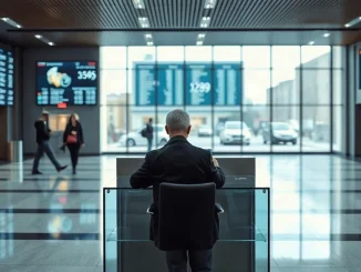 Customer at a Russian bank service desk checking a smartphone in a modern banking hall
