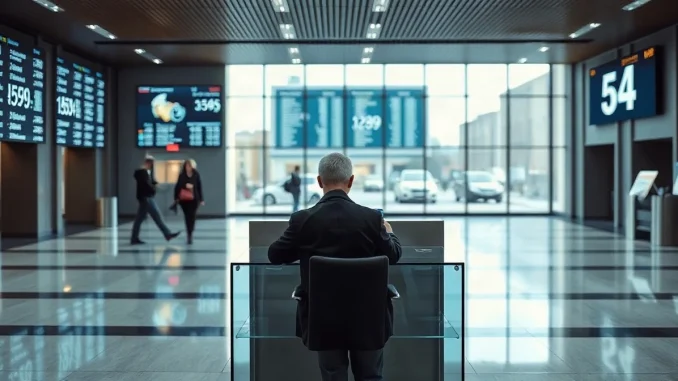 Customer at a Russian bank service desk checking a smartphone in a modern banking hall