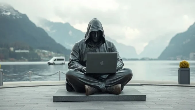 Bronze statue of a seated hooded figure at a laptop in an outdoor plaza