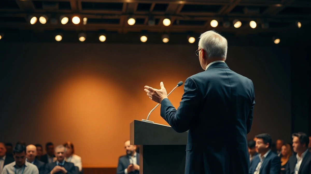 Executive speaking on stage at a Bitcoin conference in front of an audience