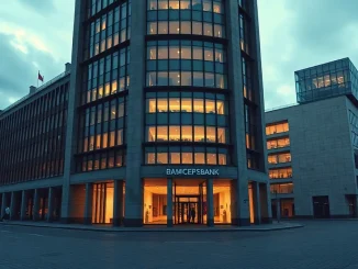 Modern Moscow bank headquarters tower lit at dusk, representing Sberbank's new crypto trading and custody registrations