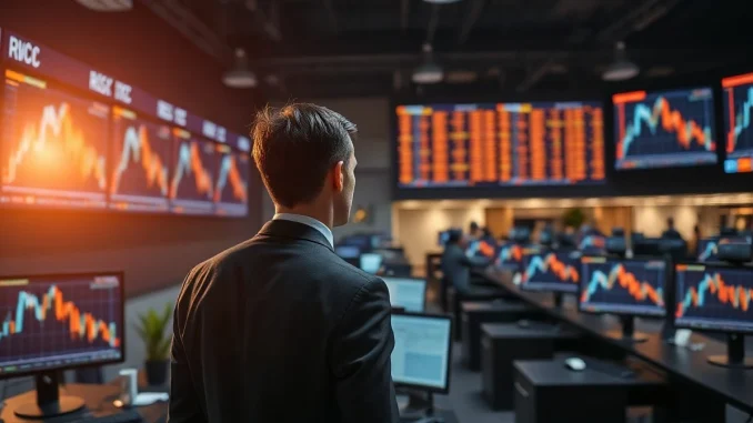 Bank trading floor with monitors showing financial charts at dusk, illustrating Sberbank's crypto trading approval