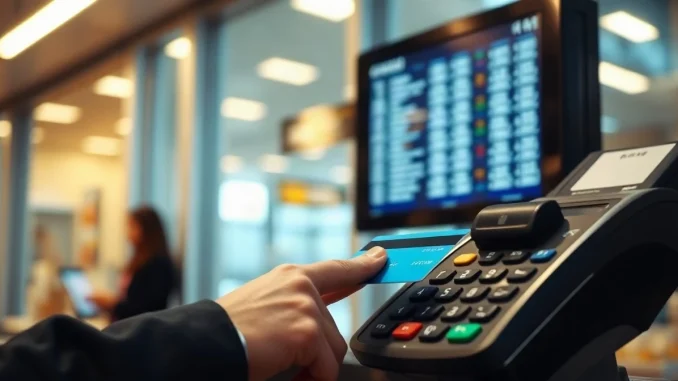 A traveler taps a payment card on a terminal at a store checkout counter