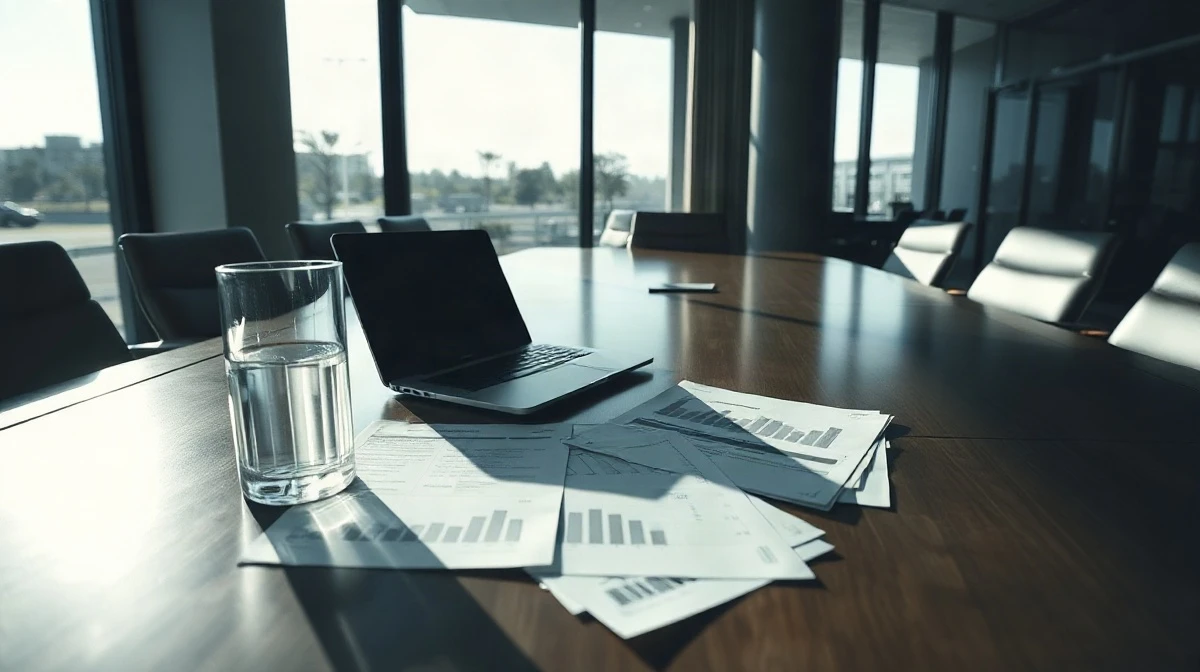 Empty corporate boardroom table with financial documents and a laptop