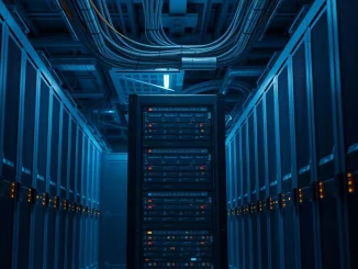 Rows of validator server racks in a dimly lit data centre representing Solana's faster block schedule