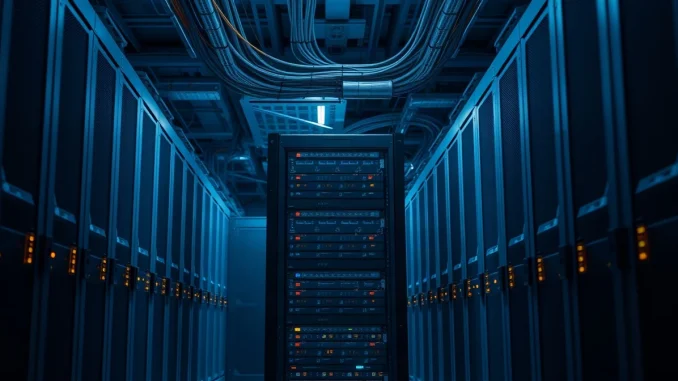 Rows of validator server racks in a dimly lit data centre representing Solana's faster block schedule