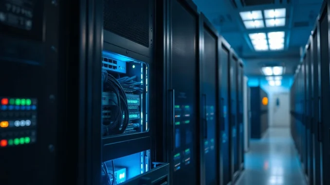 Network switch and cabling in a server rack, illustrating Solana's consensus upgrade to Alpenglow
