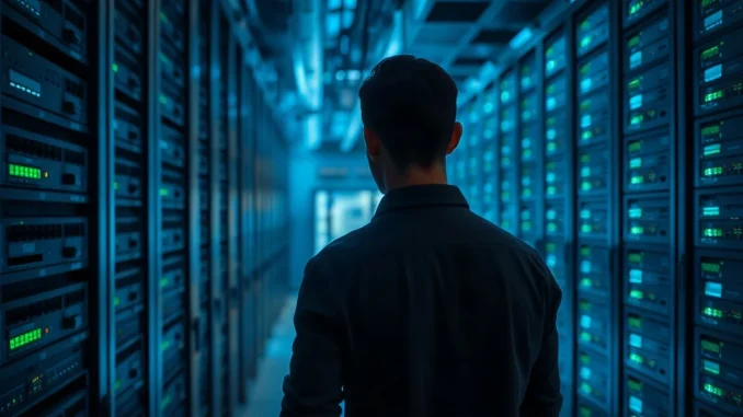 Dark data center server rack with a technician reviewing glowing equipment status lights