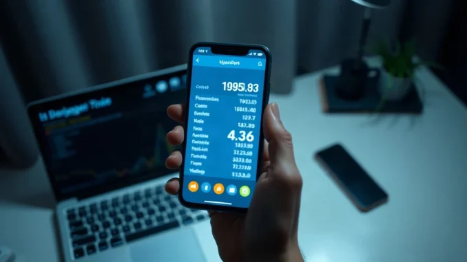 Hand holding a smartphone showing a crypto wallet app on a dimly lit desk