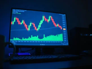 Candlestick chart on a trading monitor showing a sharp retreat from a recent high