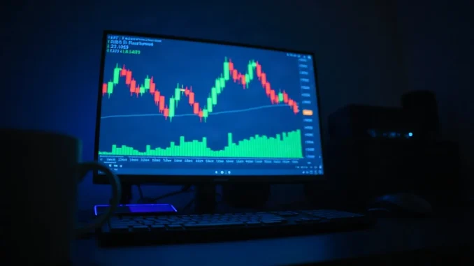 Candlestick chart on a trading monitor showing a sharp retreat from a recent high