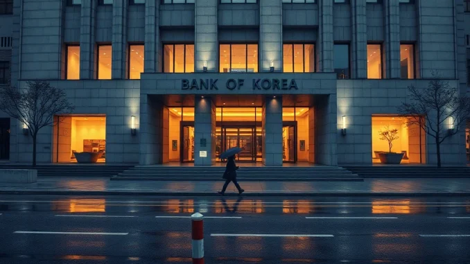 Bank of Korea headquarters in Seoul at dusk with wet pavement in foreground