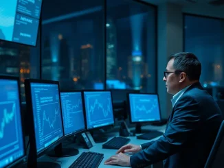 Analyst reviews stablecoin transfer charts on monitors in a bank operations room at night