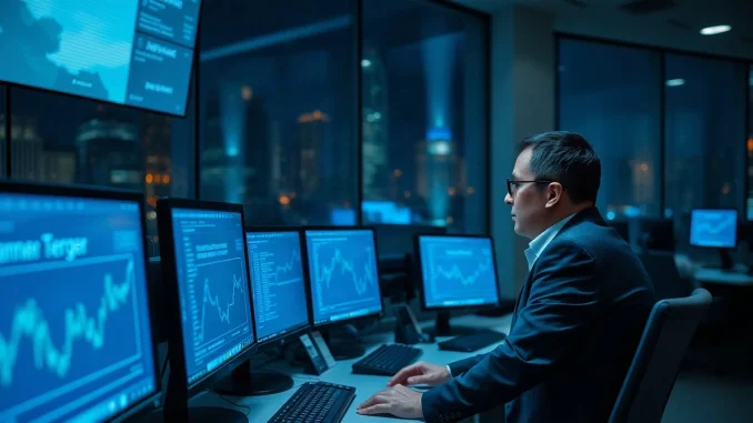 Analyst reviews stablecoin transfer charts on monitors in a bank operations room at night
