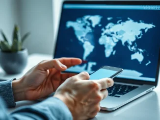 Hands using a smartphone to send a small cross-border payment with an abstract world map on a laptop behind