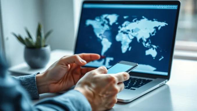 Hands using a smartphone to send a small cross-border payment with an abstract world map on a laptop behind