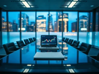 Empty London bank boardroom at dusk with a deal folder and laptop on a glass table
